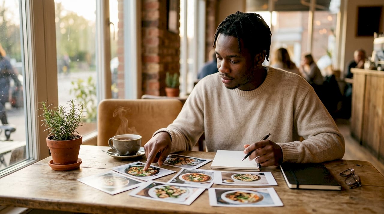 Marketer analyzing restaurant photos on desk overhead view