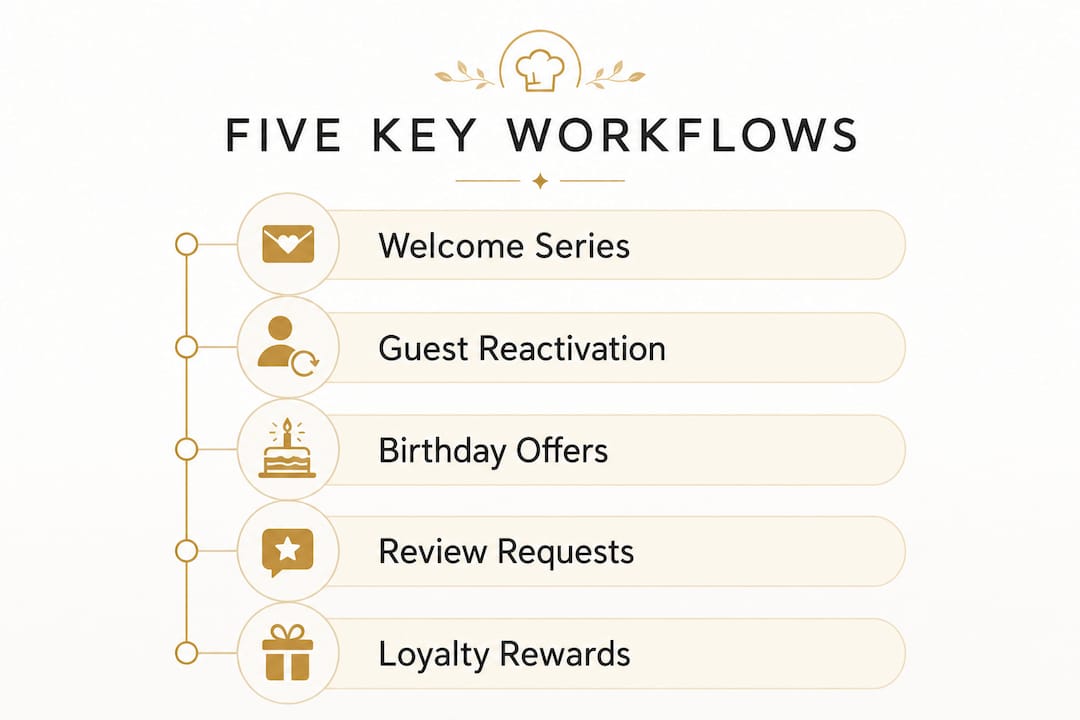 Infographic outlining five main restaurant marketing workflows