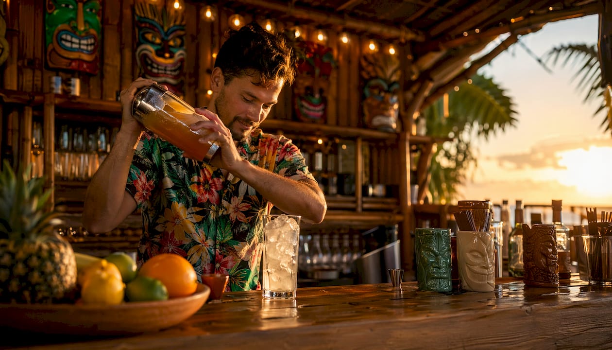 Bartender preparing tiki cocktail with orchid garnish