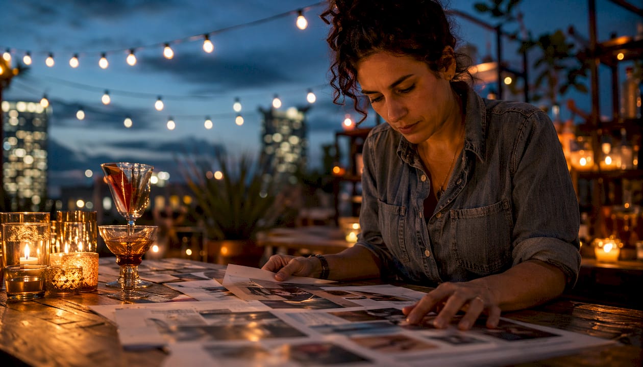 Bar manager reviewing themed cocktail menus at bar