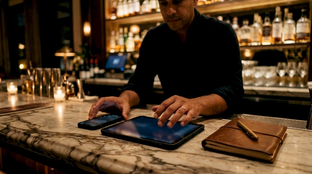 Hands using tablet and smartphone for restaurant tech