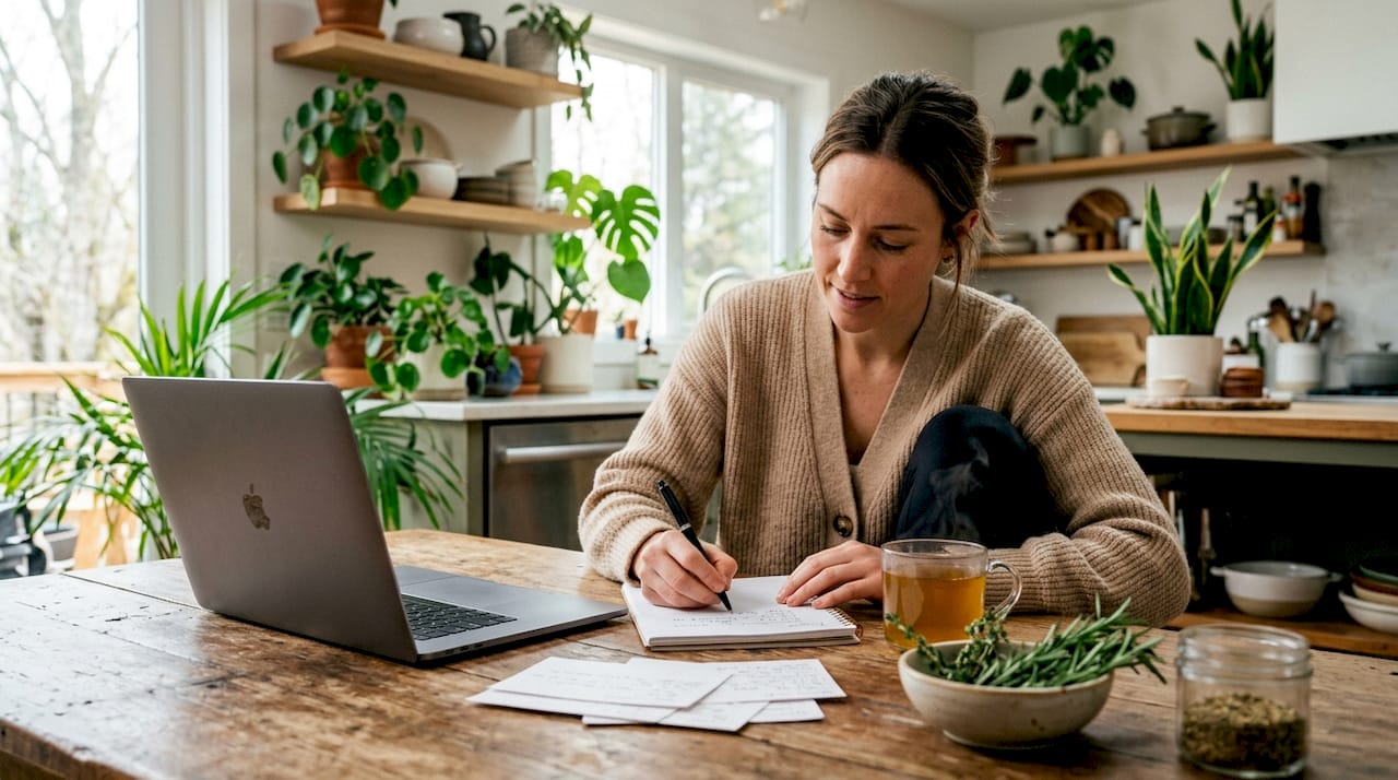 Woman designing virtual restaurant menu at desk