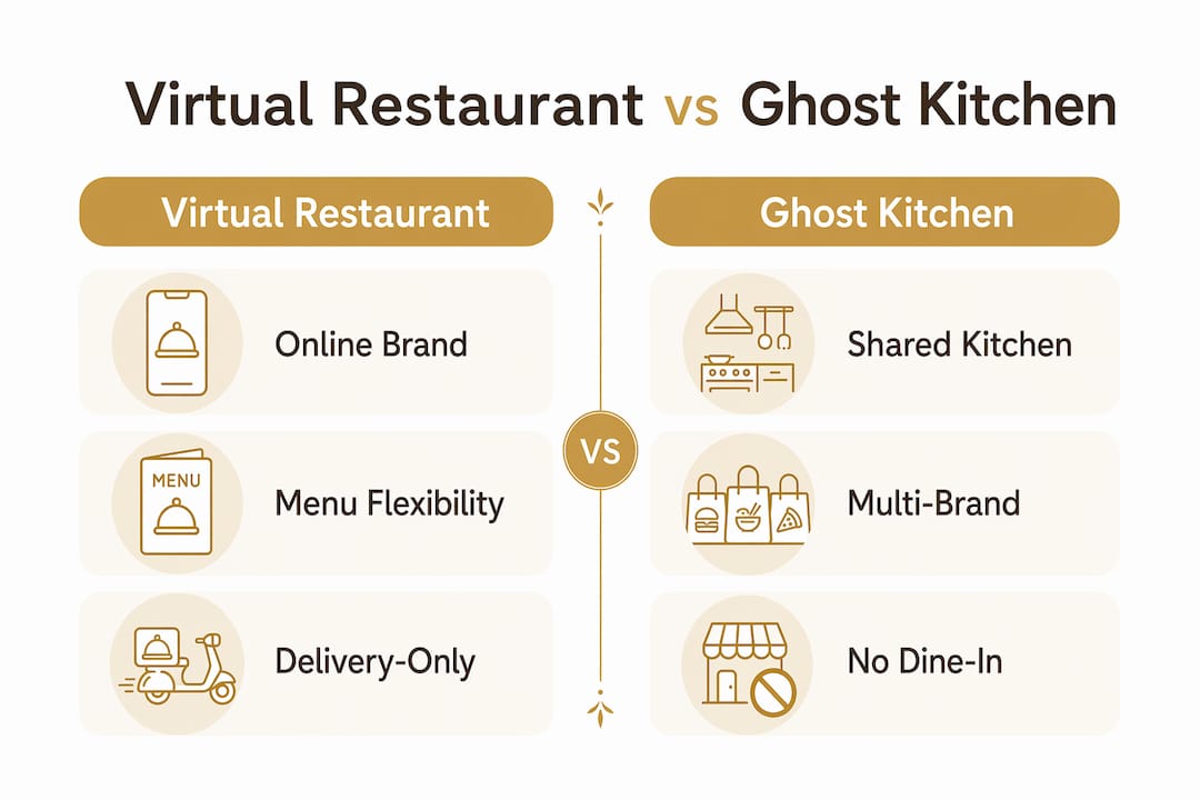 Infographic comparing virtual restaurants and ghost kitchens