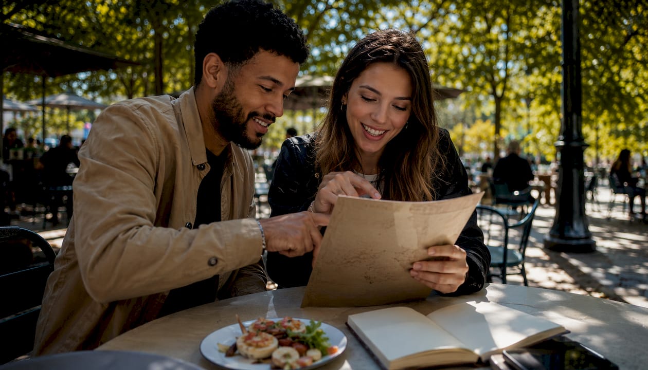 Couple reviewing menu in café