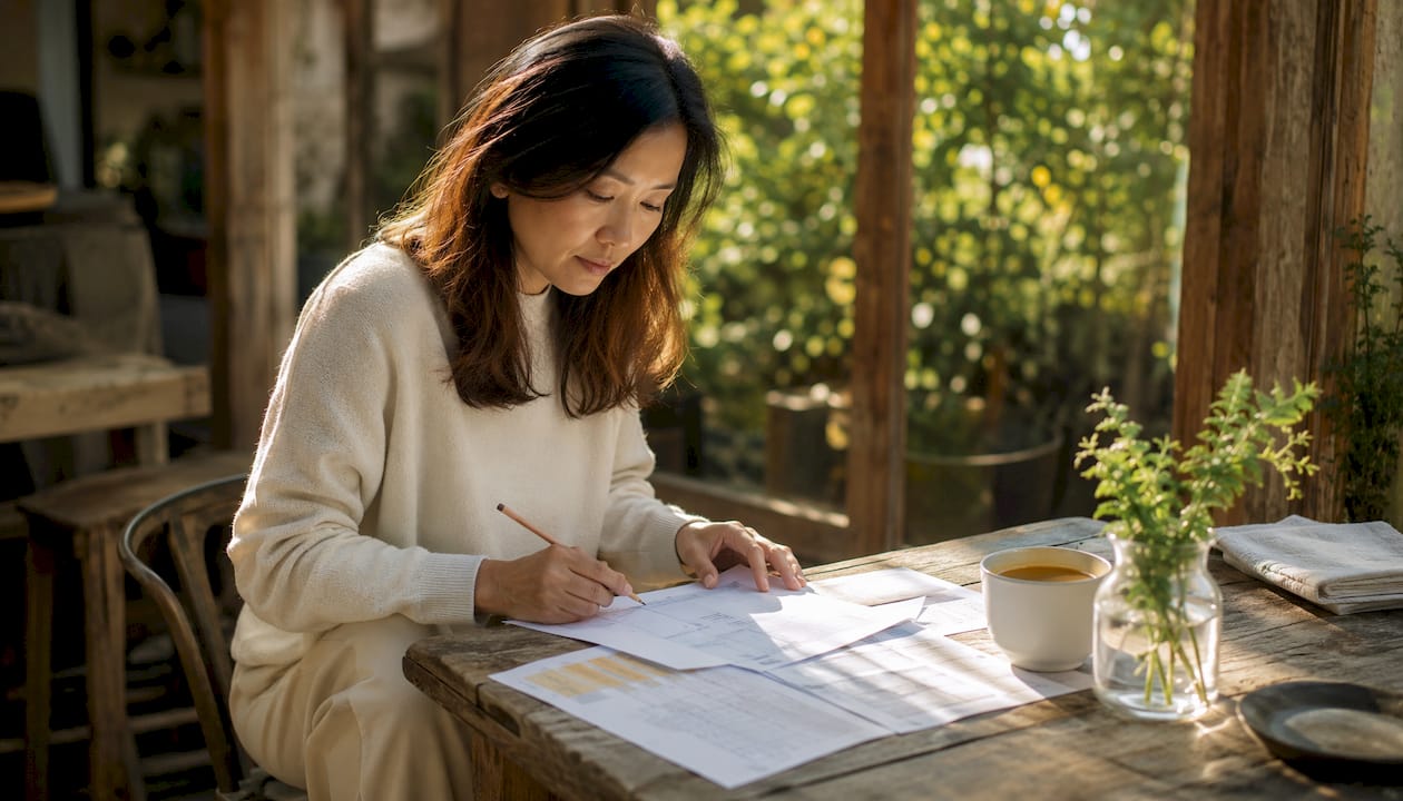 Woman analyzing restaurant menu and cost sheets