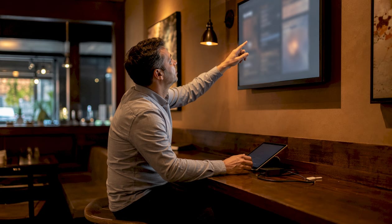 IT specialist adjusting digital menu board settings