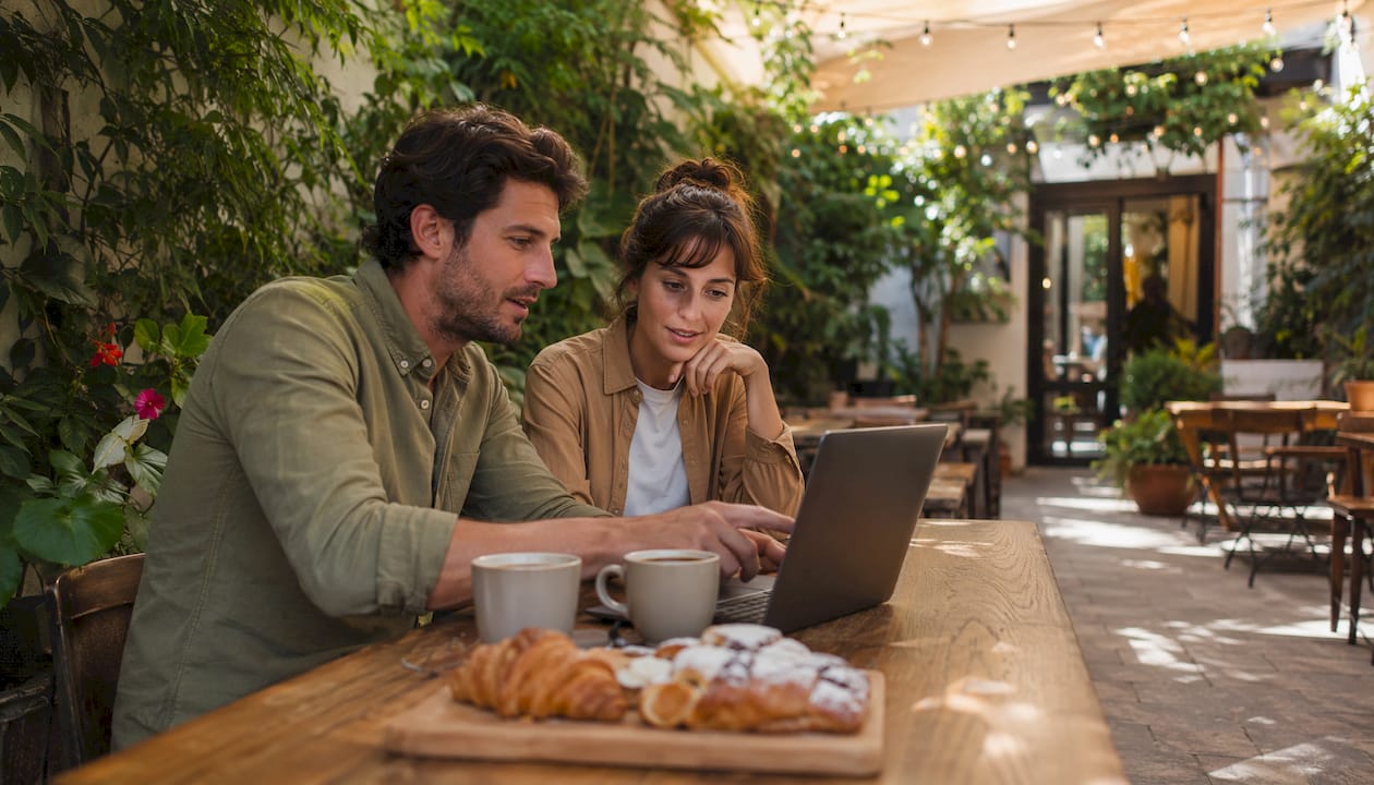 Hospitality owners discussing digital menu software features