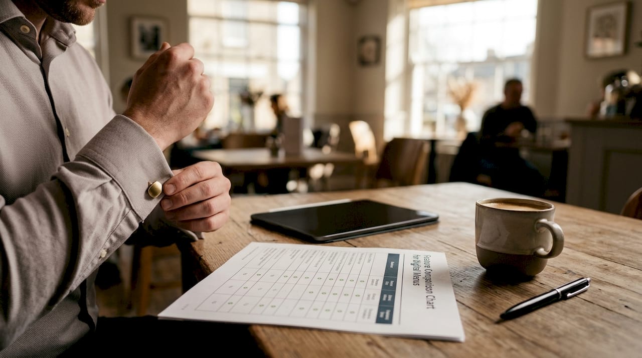 Hands reviewing digital menu comparison chart