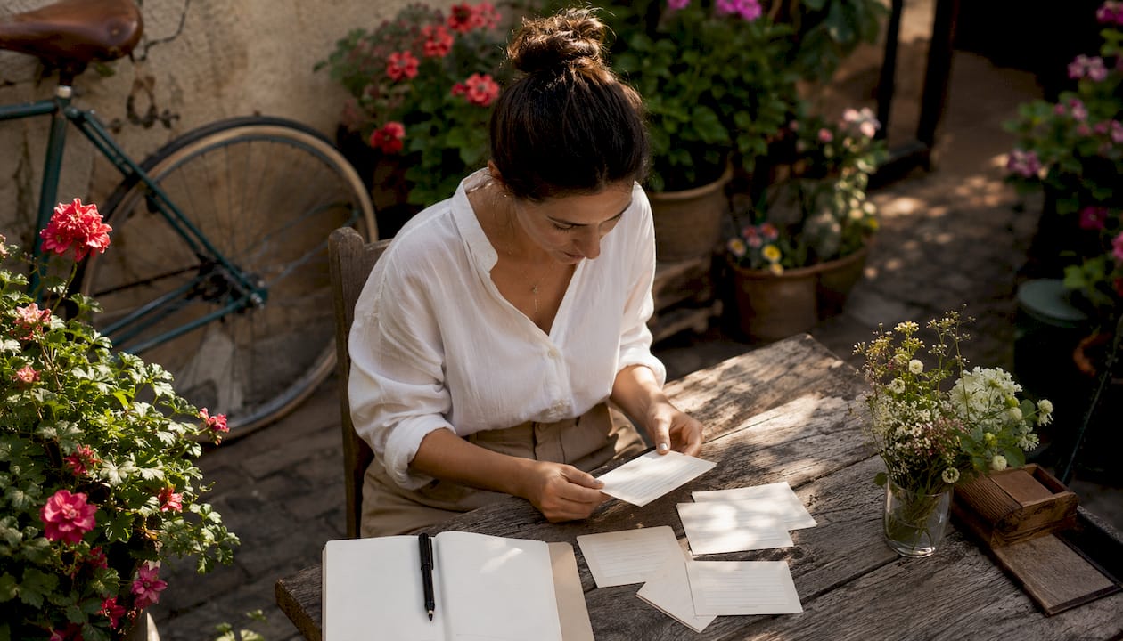 Cafe manager reviewing customer feedback cards