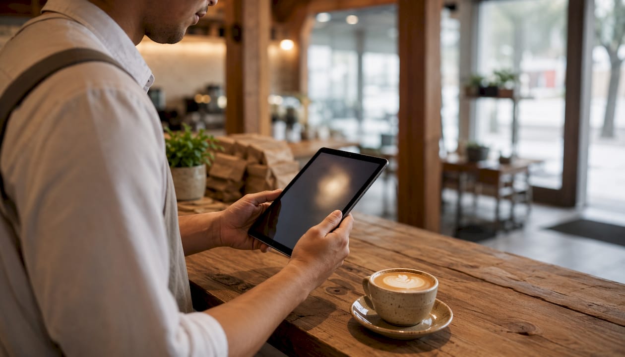 Barista holding digital menu tablet at coffee bar