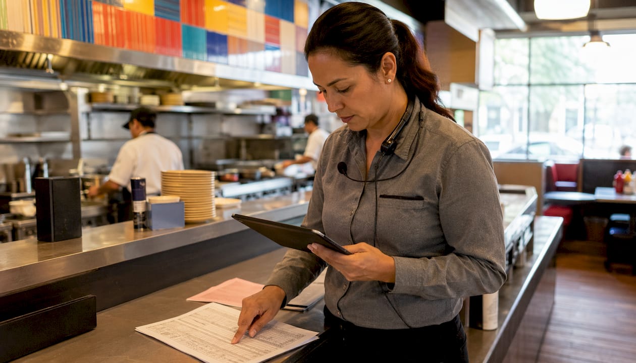 Supervisor tracking order accuracy data on tablet in restaurant.
