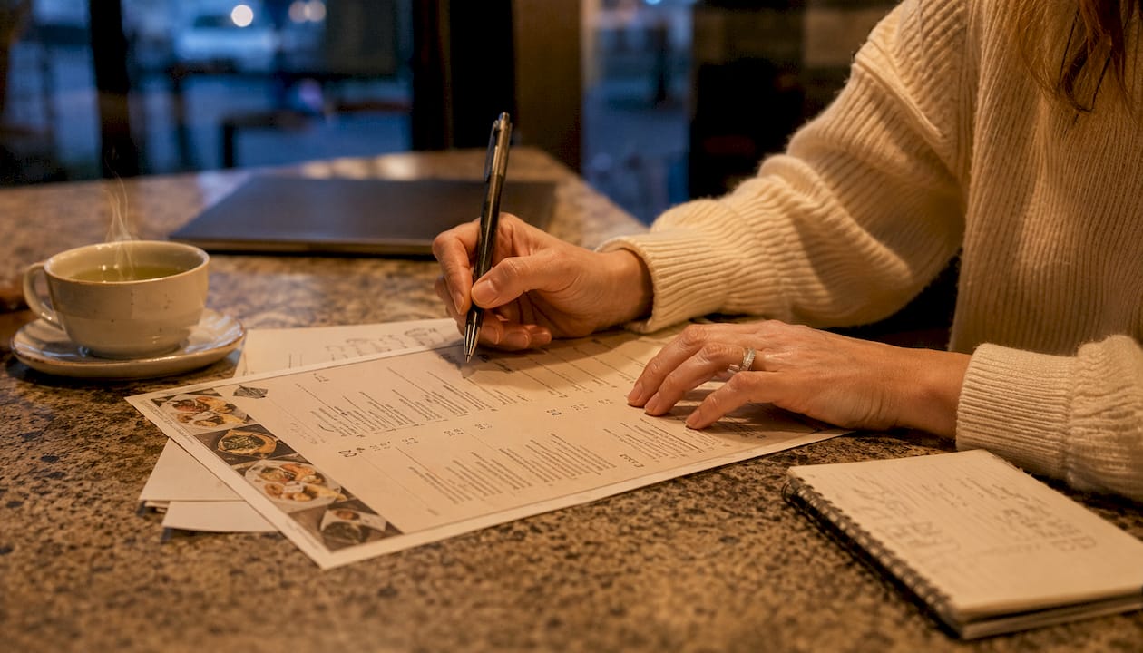 Hands marking printed menu price updates