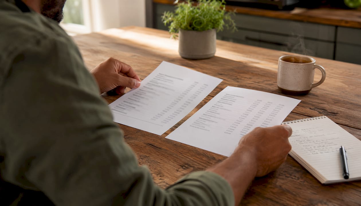 Hands comparing menu sheet printouts on bar counter