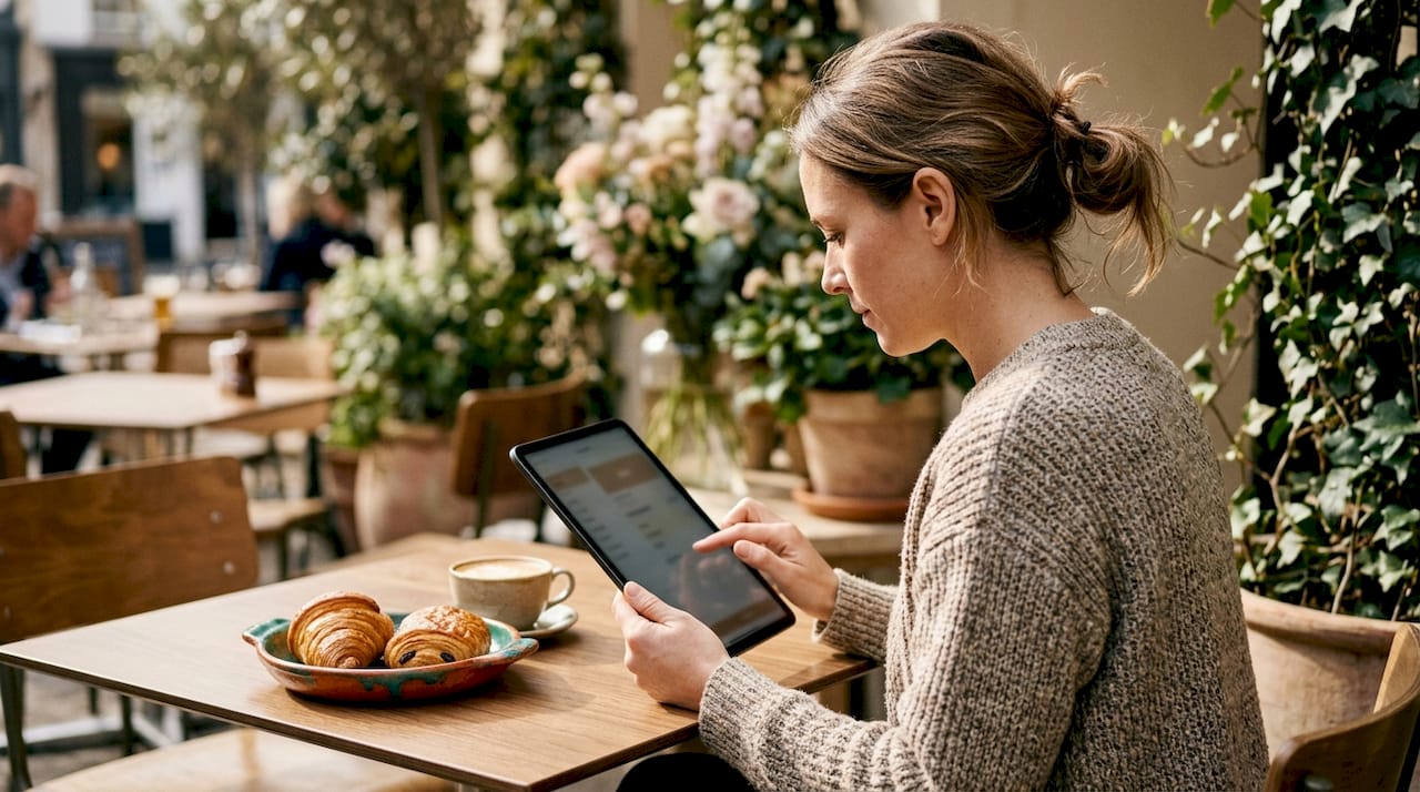 Restaurant owner checking food delivery app costs