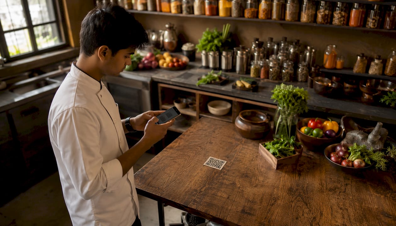 Chef scanning QR code on smartphone