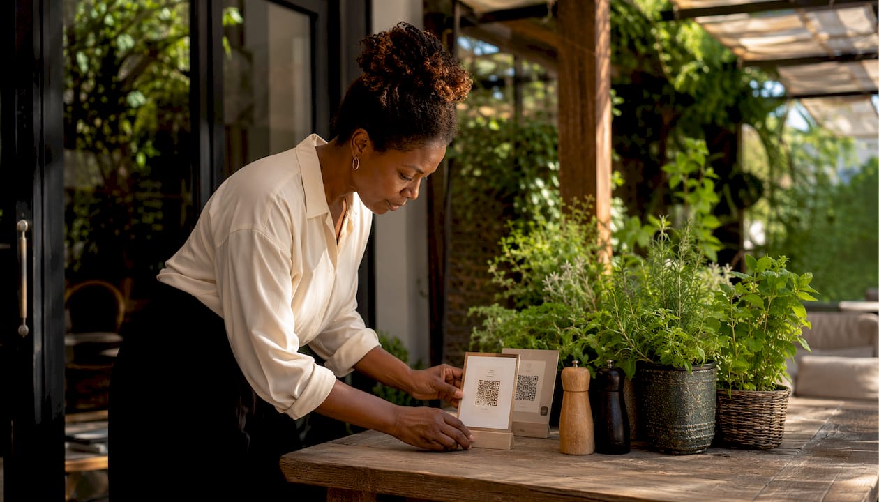 Owner setting table with QR code cards
