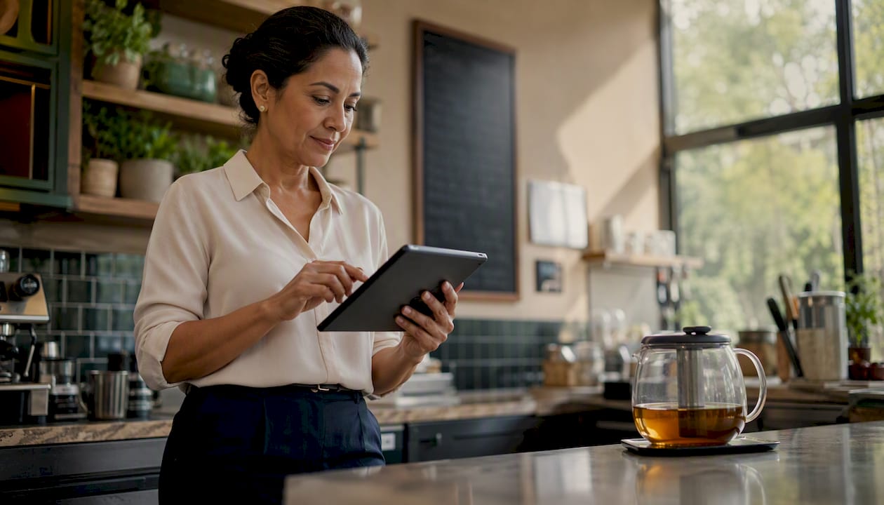 Restaurant owner reviewing digital menu options