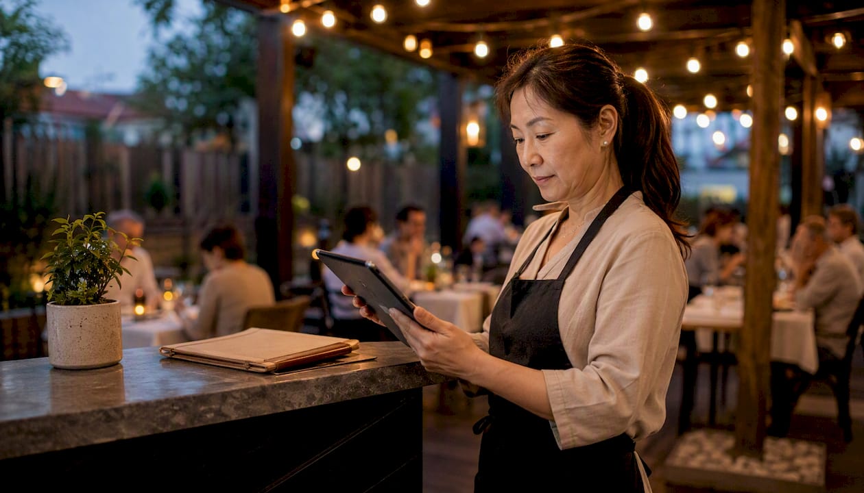 Restaurant owner using digital menu tablet in dining area