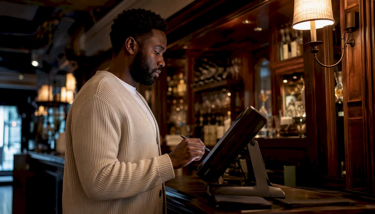 Restaurant manager using POS touchscreen at counter
