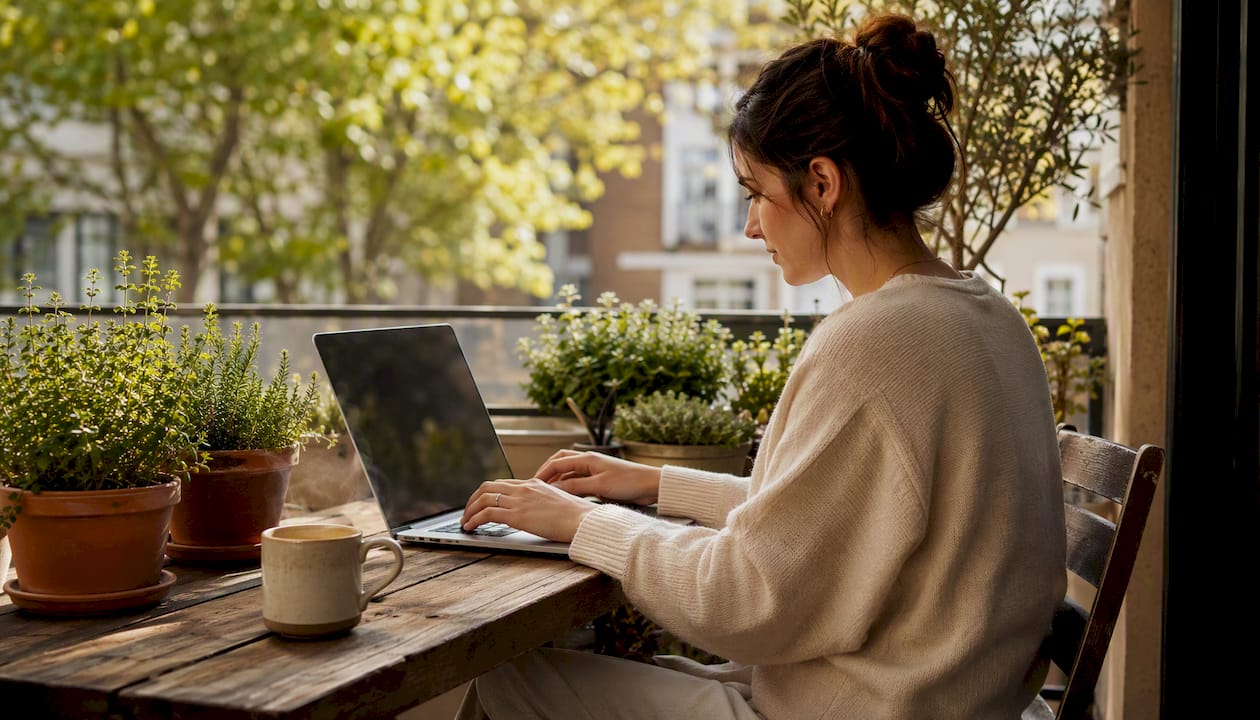 Hands typing laptop with notes and coffee nearby