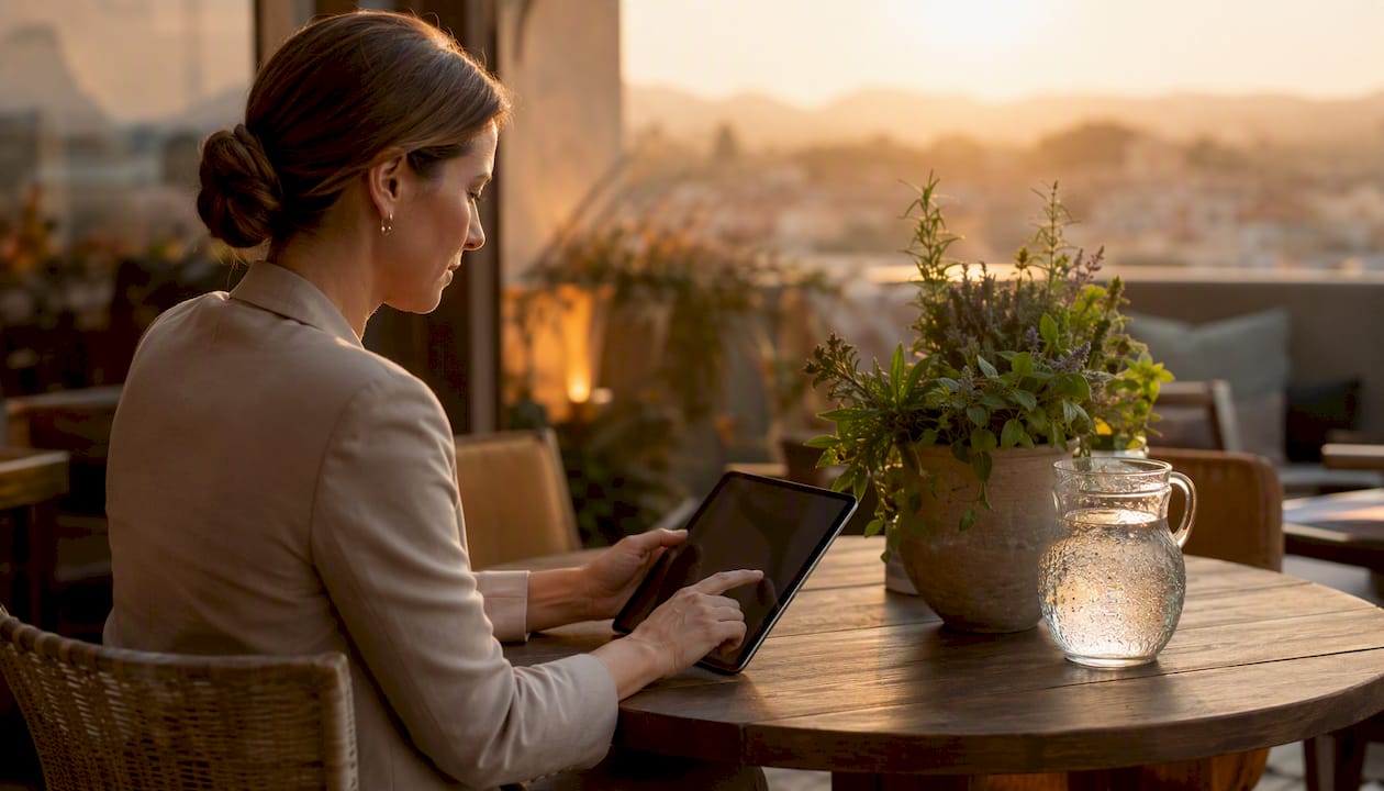 Hands adjusting a restaurant digital menu tablet