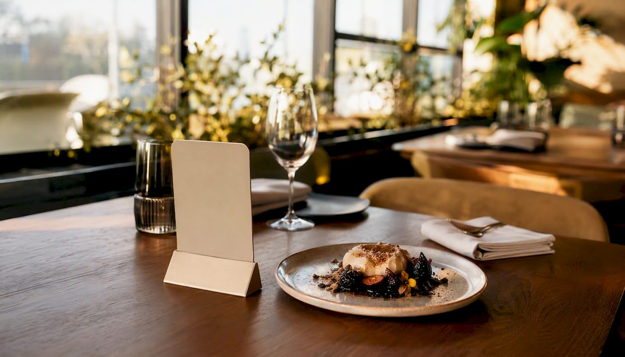 Restaurant table with QR code holder and dessert
