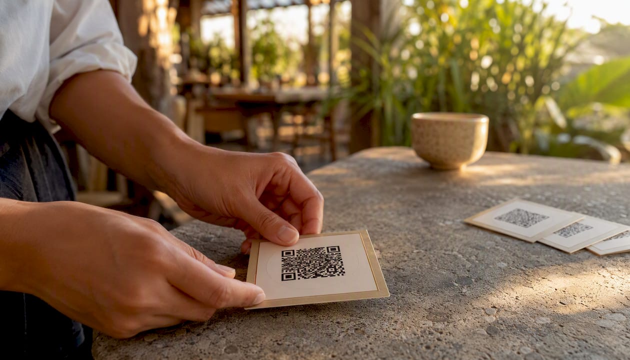 Hands placing printed QR code card on table