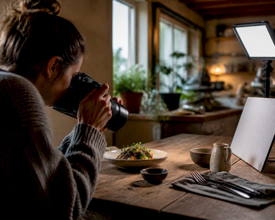 Plated dish lit by natural and diffused LED light