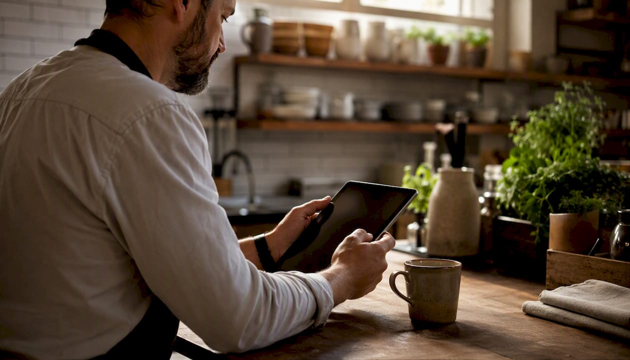 Restaurant owner interacting with tablet at counter