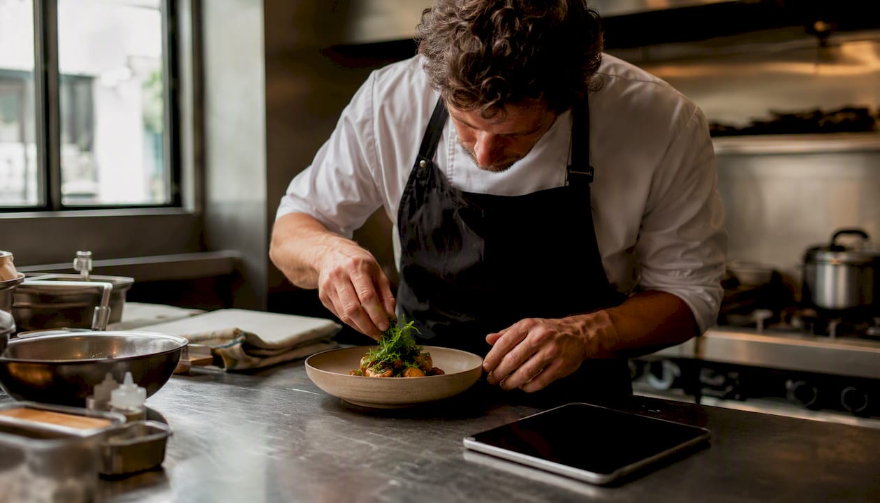 Chef plating dish near dark tablet screen in kitchen