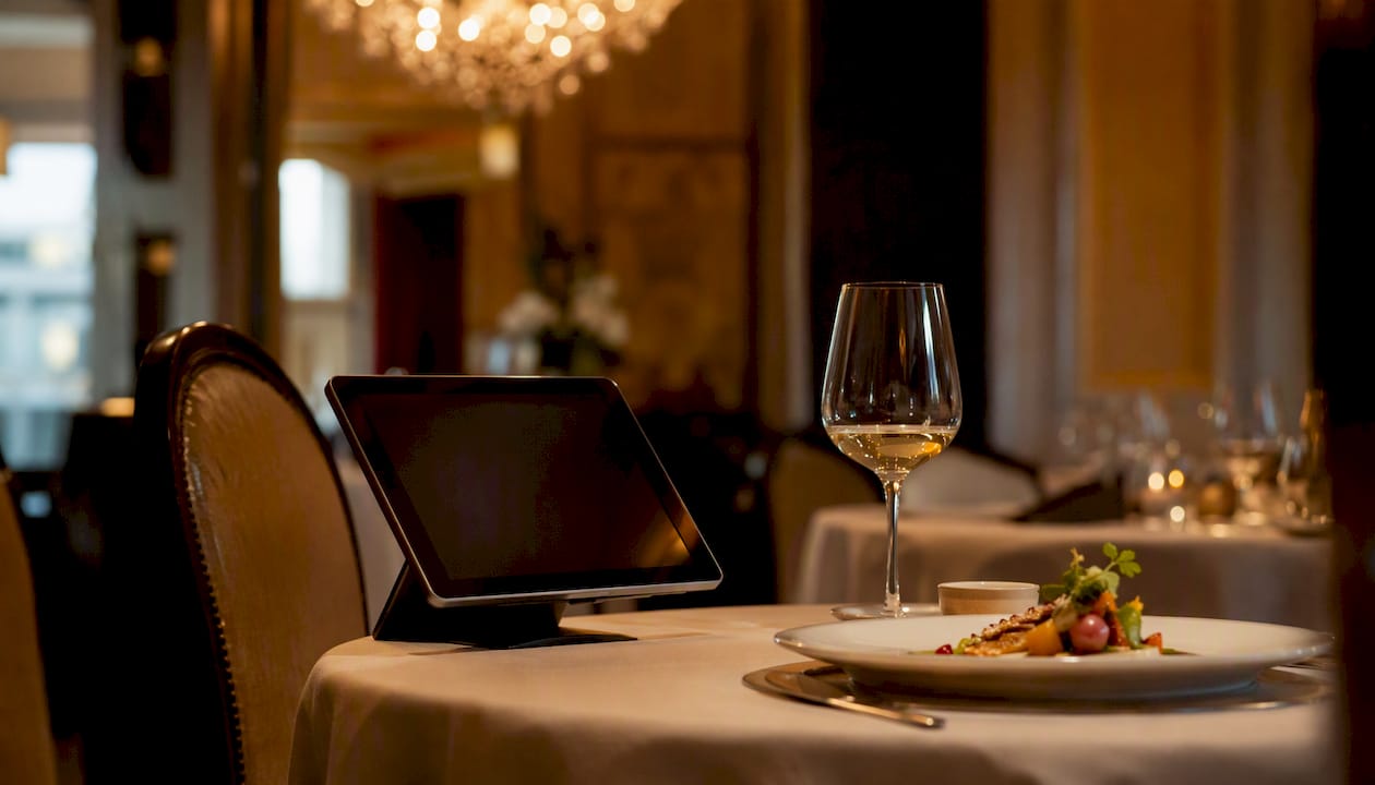 Tablet menu on upscale hotel dining table
