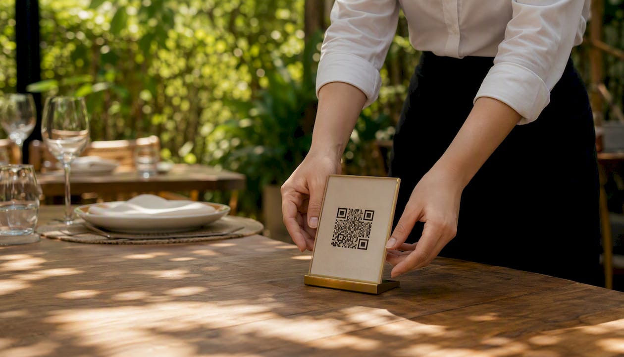 Hands placing QR code on restaurant table