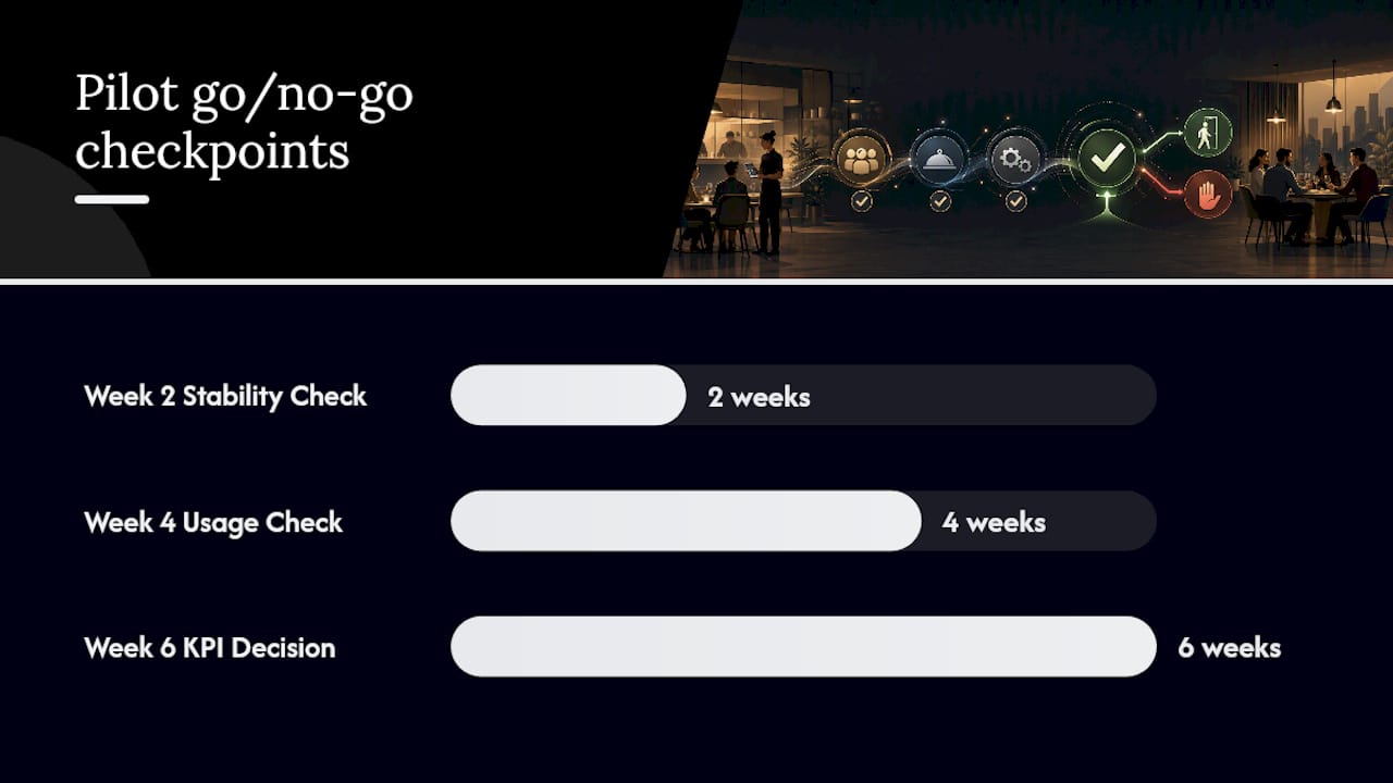Pilot checklist, KPIs, and guest survey questions — overview diagram