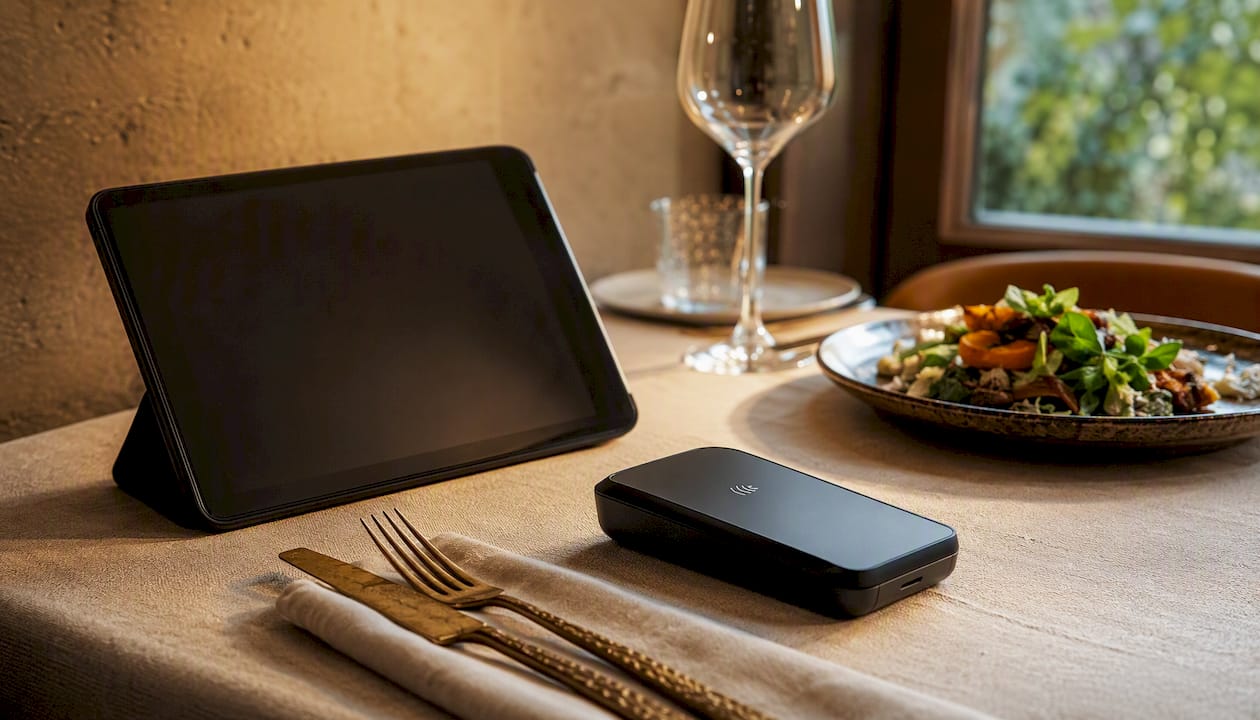 Digital menu and contactless payment terminal on restaurant table
