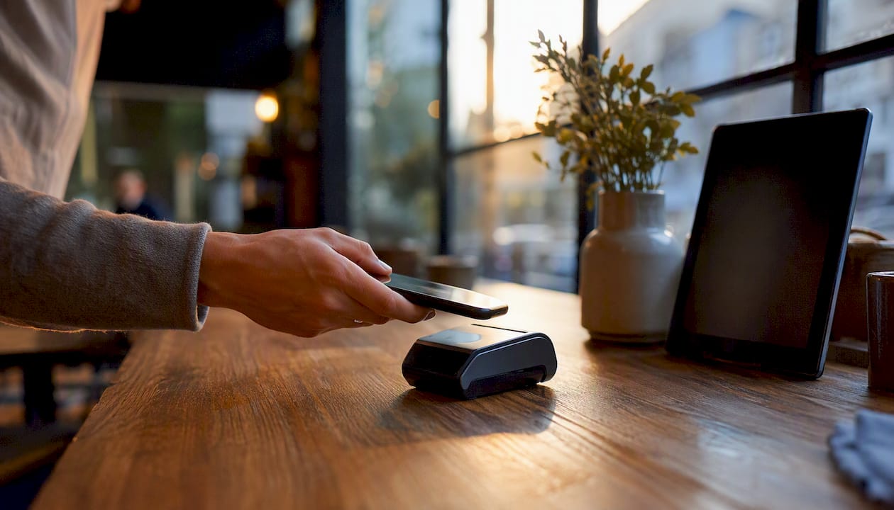 Close-up of hands initiating Apple Pay at restaurant table