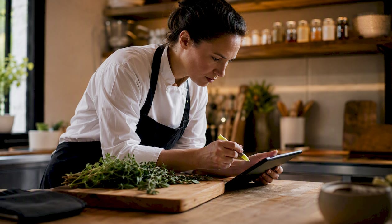 Chef reviewing translated menu in kitchen