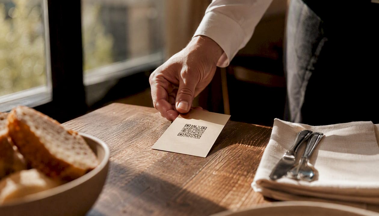 Hand replacing printed menu with QR code card