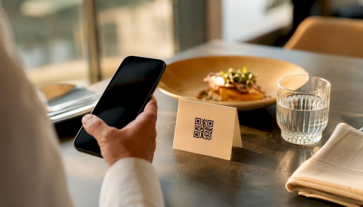 Hand scanning QR code on restaurant table