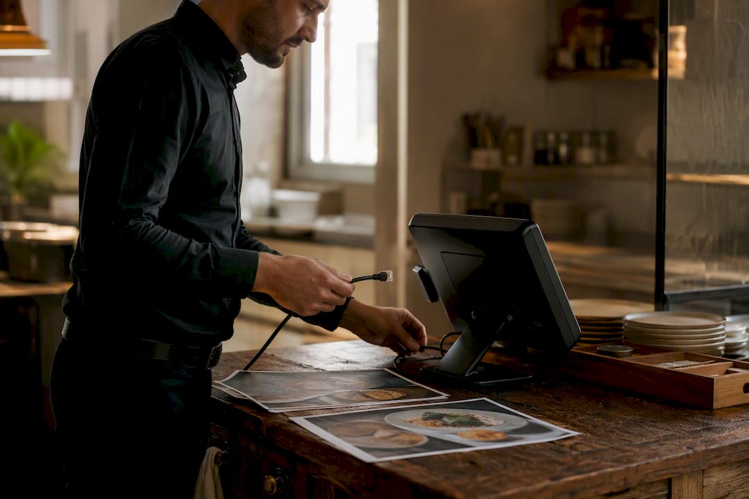 Hands disconnecting POS terminal cable and digital menus