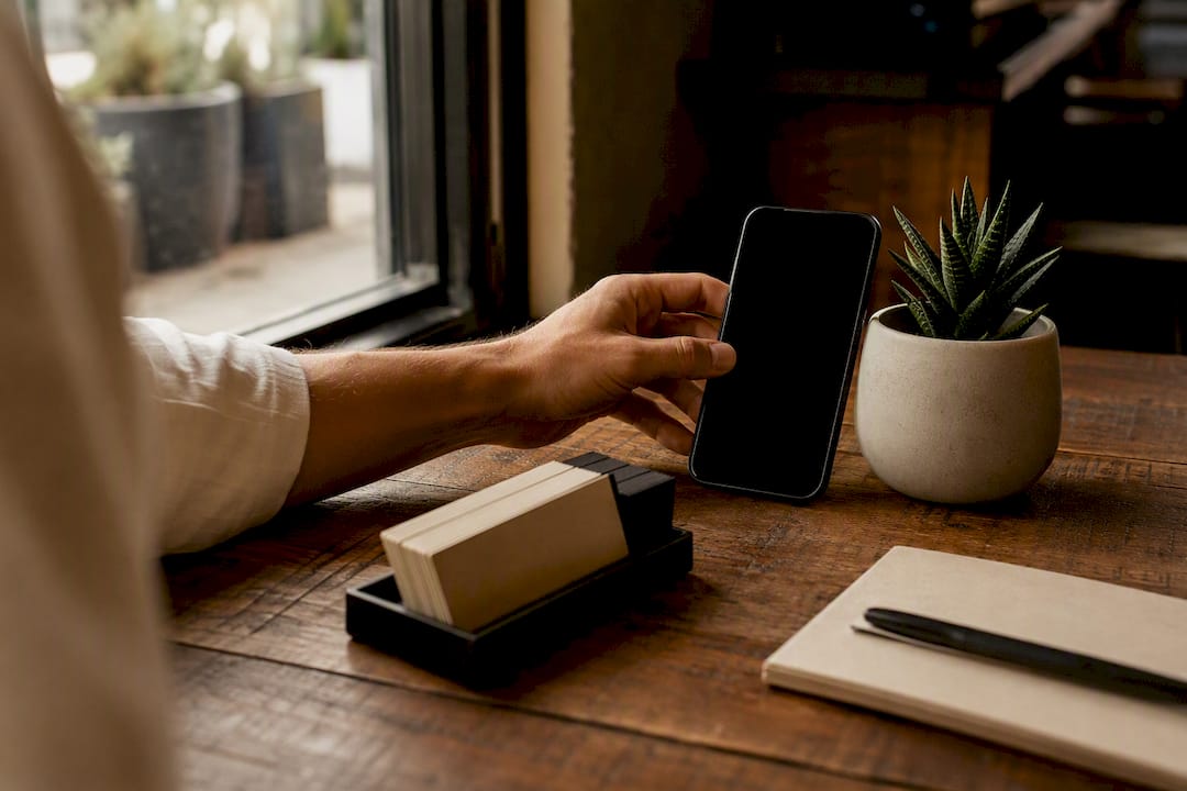 Hand typing on dark smartphone at table
