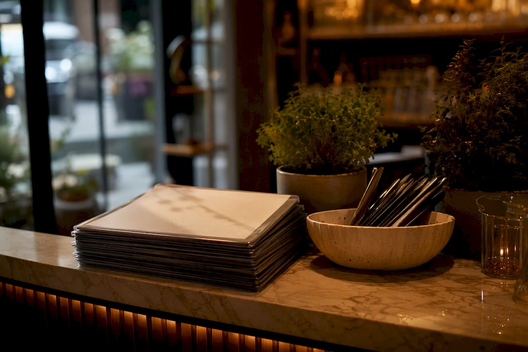 Stack of laminated menus on restaurant bar counter