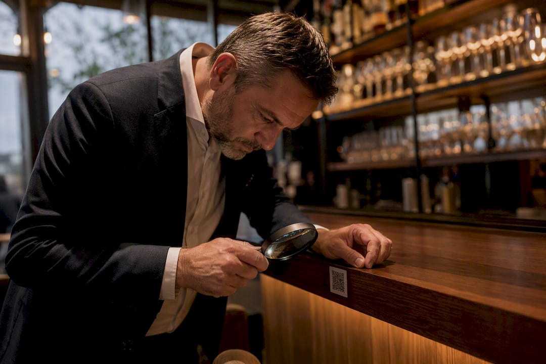 Restaurant manager checking QR menu sticker