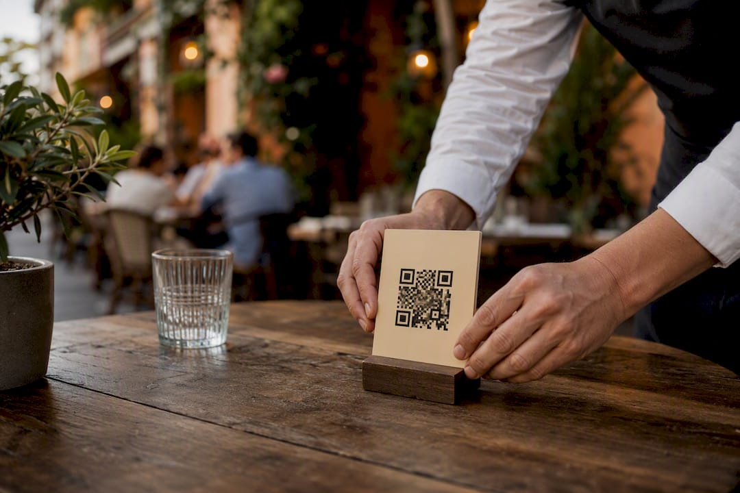 Hands placing QR code card on restaurant table tent