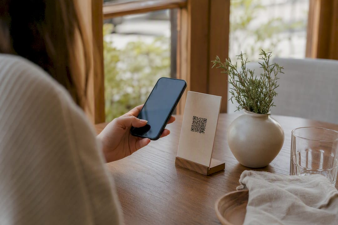 Hand scanning digital receipt QR code on phone