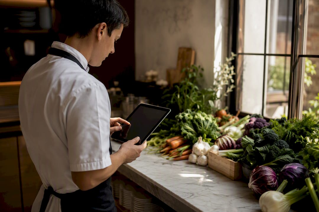 Hands holding tablet near fresh ingredients in kitchen
