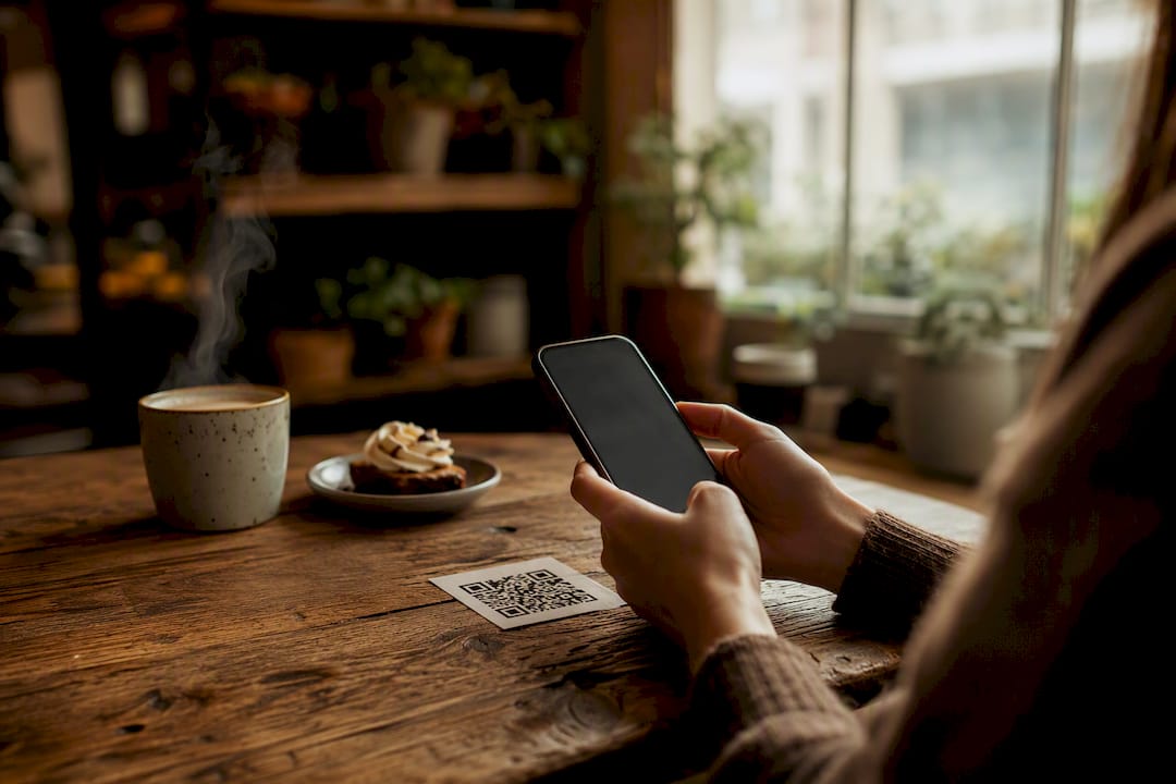 Hands holding smartphone at restaurant table