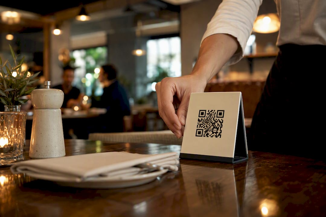 Hand setting QR code table tent in restaurant