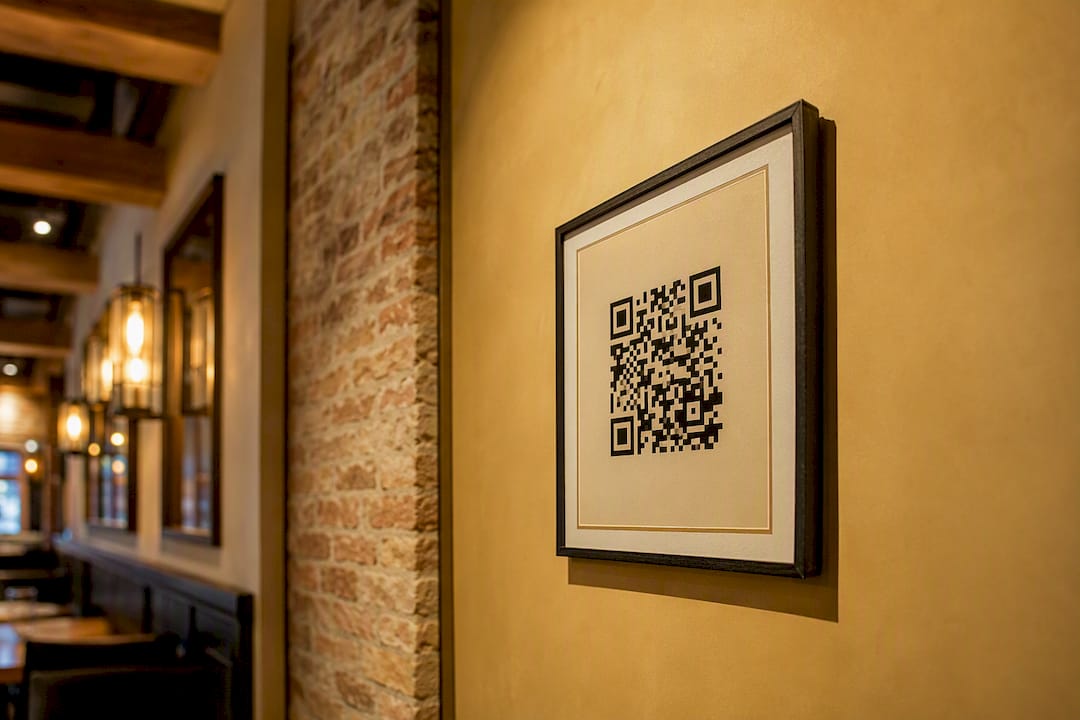 Static QR code framed on restaurant wall