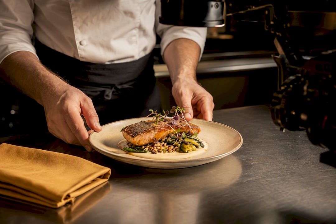 Restaurant dish prepared for menu video filming