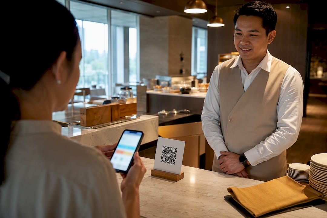 Guest scanning hospitality feedback QR code